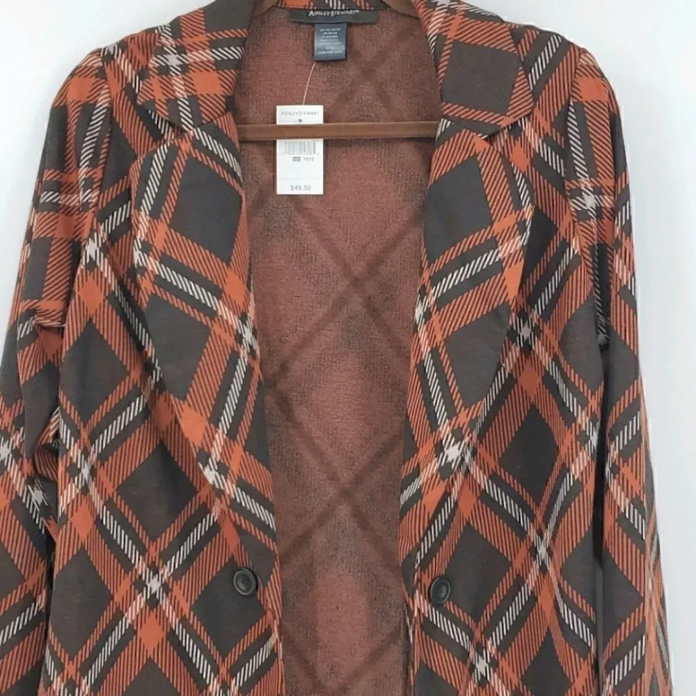 ASHLEY STEWART PLAID ONE BUTTON KNIT BLAZER